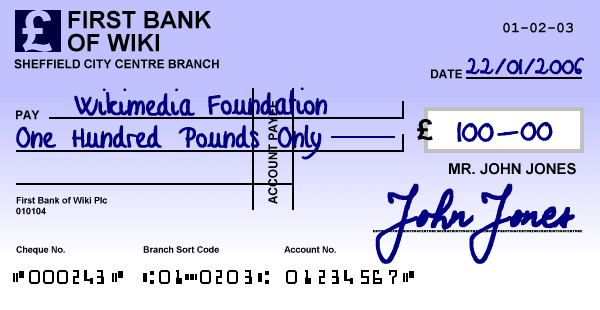 Real cheque specimen for a fictional bank with handwritten payee, date, amount, signature, and MICR line
